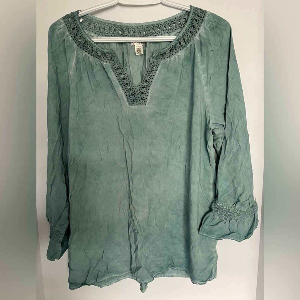 Spense Coastal Grandma Linen Blend Tunic Top - Sage Green & Crochet